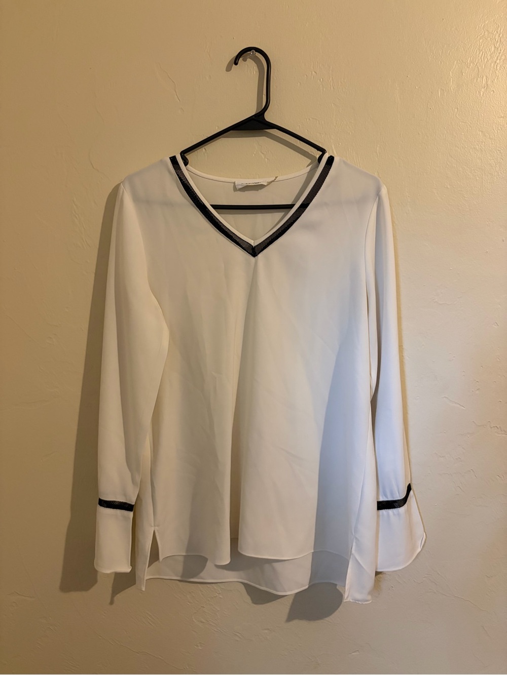 Calvin Klein White V-Neck Long Sleeve Blouse with Black Trim